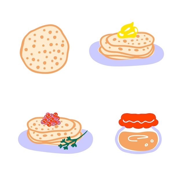 Pancakes with caviar butter and jam vector elements collection