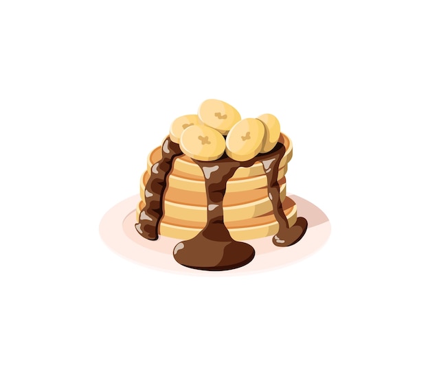 Pancakes with chocolate and bananas on a white background