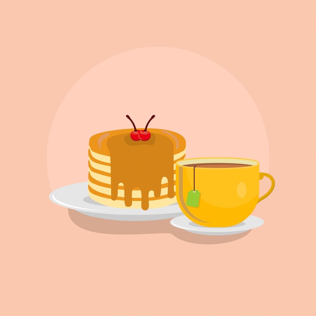 Vector pancakes with hot tea illustration. fast food clipart concept isolated. flat cartoon style vector