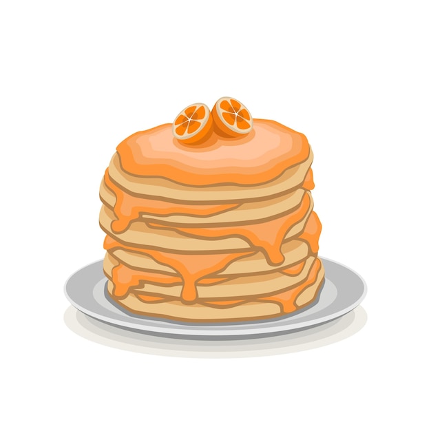 Pancakes with orange jam on a plate on a white background