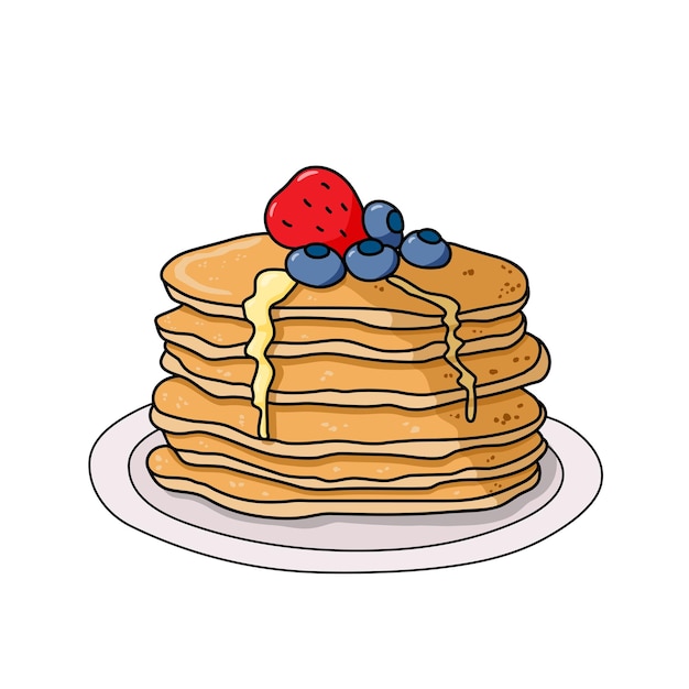 Pancakes with strawberry blueberries and honey syrup illustraion Food breakfast cartoon image