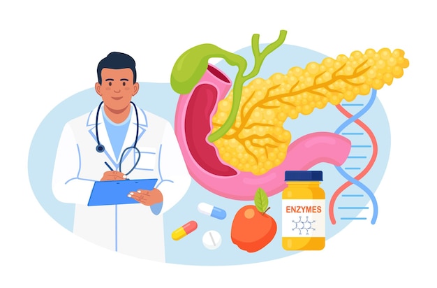 Pancreatitis concept. gastroenterologist diagnose pancreas inflammation. doctor examine patient. digestive system disease treatment. internal organs cancer