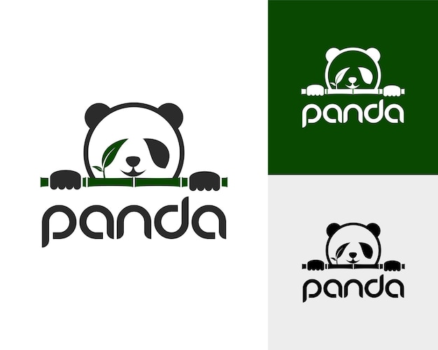 Vector panda on bamboo logo icon with cute pandas on white background