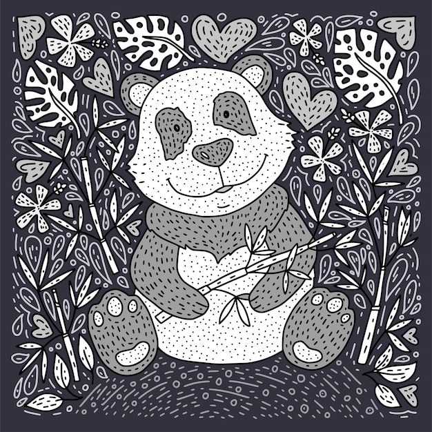 Panda bear illustration vector with bamboo hand drawn cartoon card