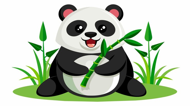 Vector a panda bear sits on the grass and holds a bamboo stick