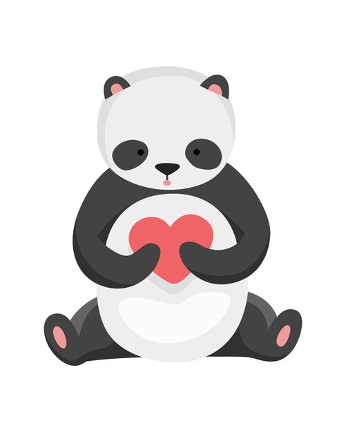 Panda bear sits and holds heart. cute big panda character. asian wildlife cartoon animal. adorable jungle wild mammal