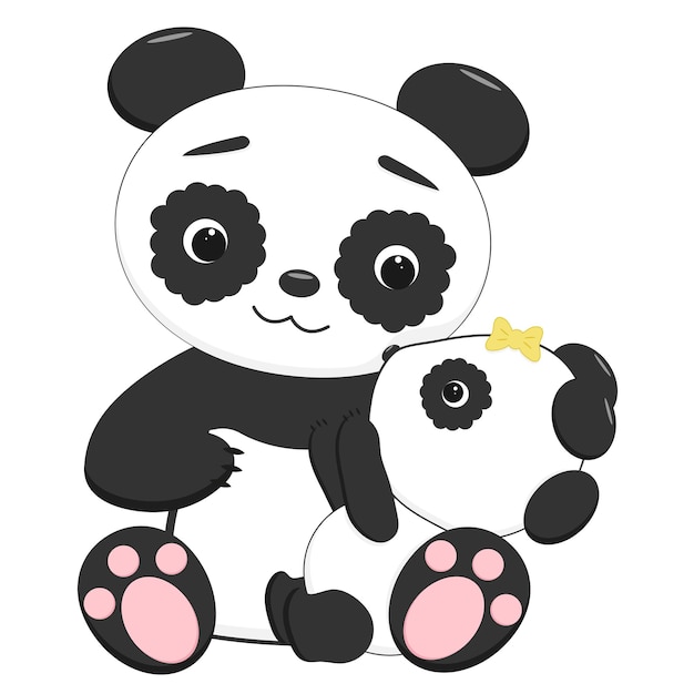 A panda bear with a baby panda sits on a white background