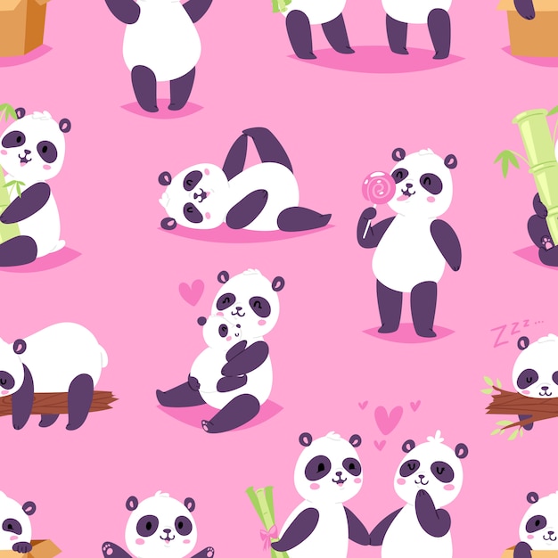 Panda bearcat of chinese beer met bamboe verliefd spelen of slapen illustratie set van gigantische panda leesboek of ijs eten op achtergrond