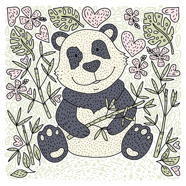 Panda beer illustratie vector met bamboe Hand getekende cartoon kaart