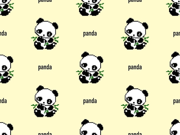 Panda cartoon character seamless pattern on yellow background pixel style