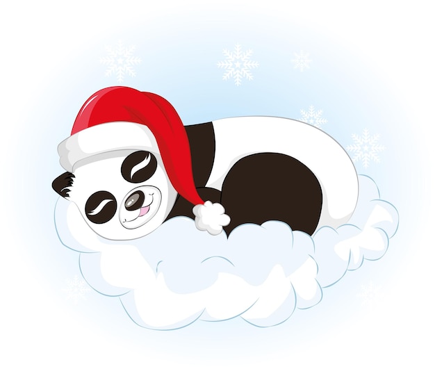 Panda and cloud with santa hat background. cartoon bear vector illustration for kids and christmas backgrounds.