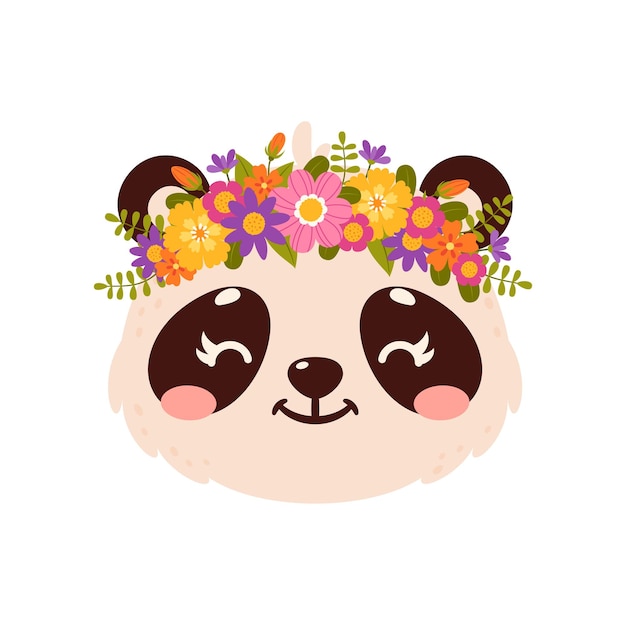 Panda cute animal with flower crown cartoon face