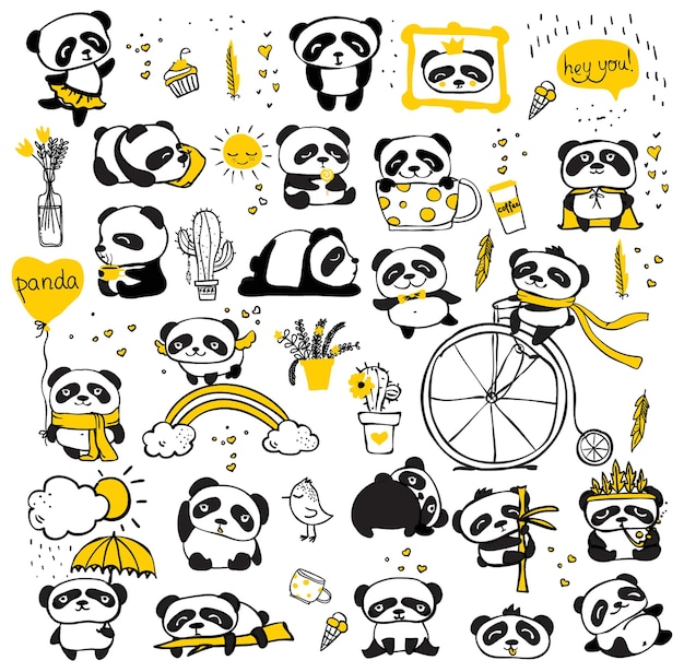 Panda doodle kinderset eenvoudig ontwerp van schattige panda's en andere individuele elementen, perfect voor kinderkaartbanners, stickers en andere kinderdingen