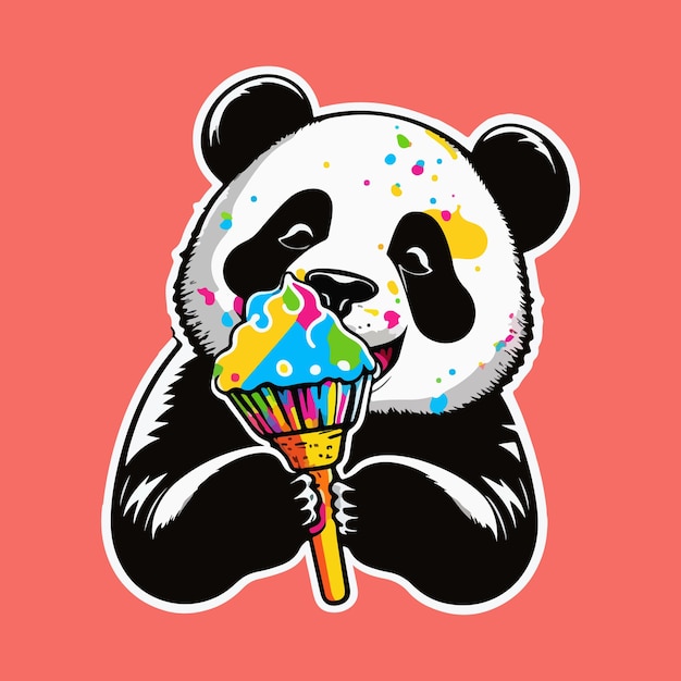 A panda eating an ice cream cone with rainbow sprinkles on it.