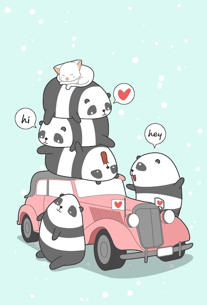 Panda en vintage auto in cartoon stijl.