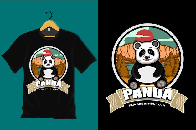 Panda Explore in Mountain Retro Vintage T Shirt Design