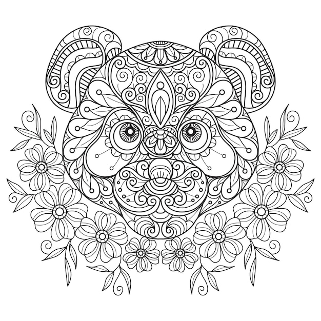 Panda and flowers hand drawn for adult coloring book