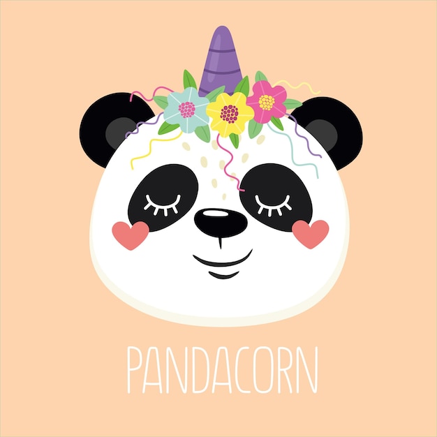 Vettore panda felice e allegro panda unicorno con la parola pandacorn