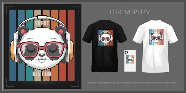 Panda head tshirt design listening to music using earphones complete with mockup