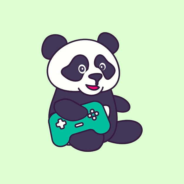 Panda che tiene l'icona della console del gioco flat cartoon di panda carino e divertente