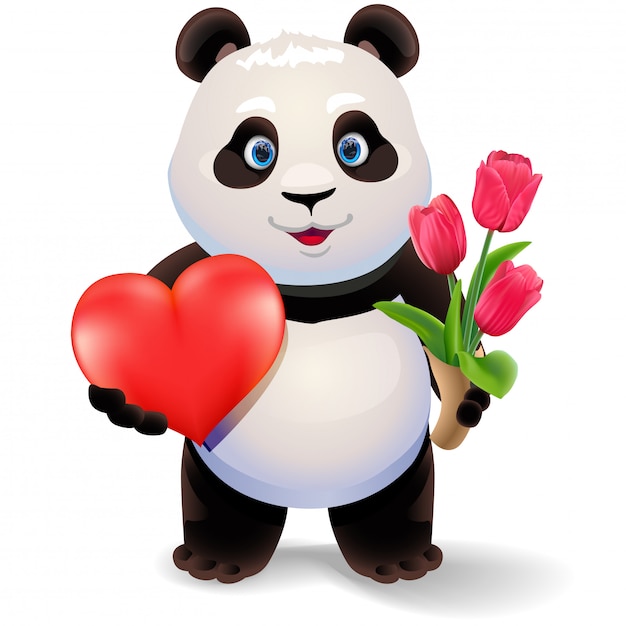 Panda houdt hart en tulpen