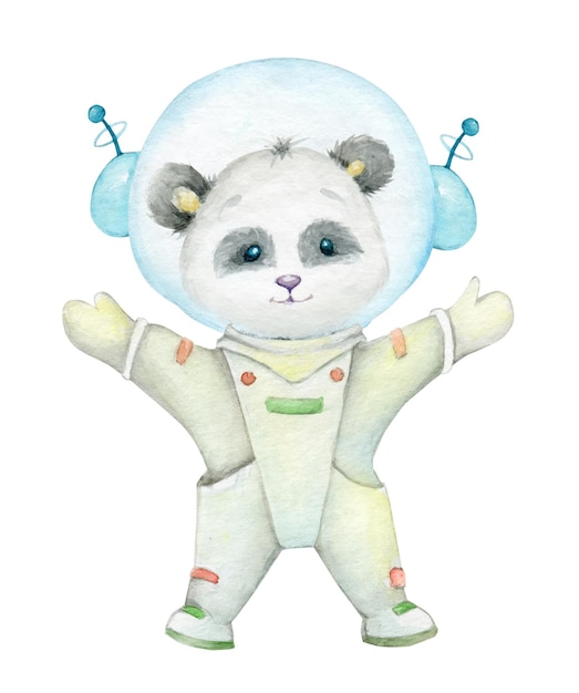 Panda in een ruimtepak Waterverftekening op een geïsoleerde achtergrond van een Panda-astronaut