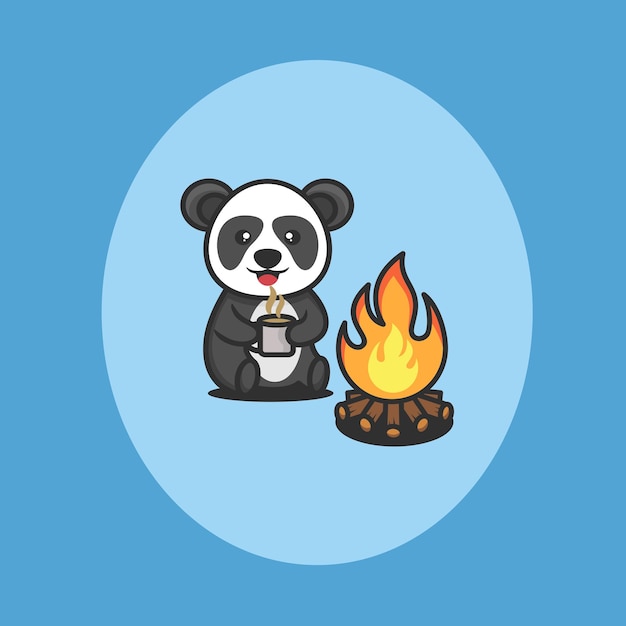 A panda is drinking a cup of hot chocolate next to a campfire.