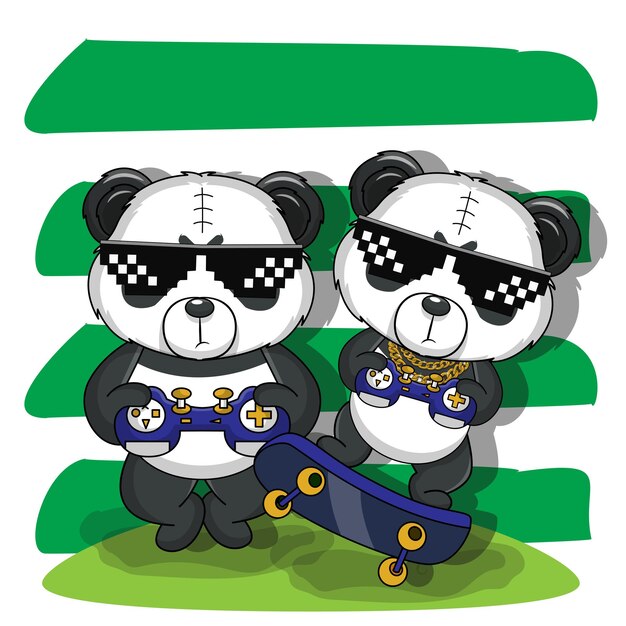 Vector panda is playing games and skateboarding with his friends