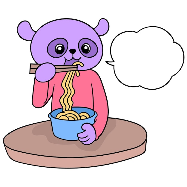 Panda è seduto a mangiare noodles, illustrazione vettoriale. scarabocchiare icona immagine kawaii.