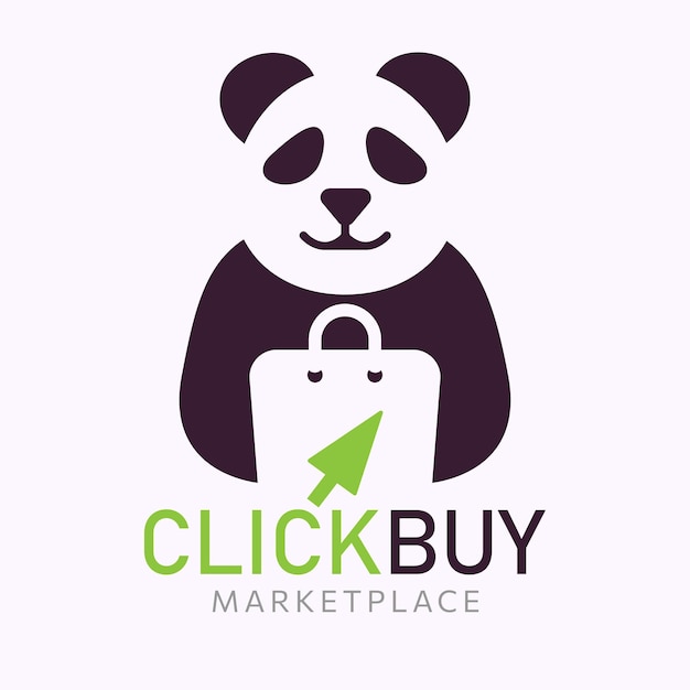 ベクトル ショッピング バッグとマウス カーソルを備えたパンダのロゴ最小限の市場のロゴのデザイン コンセプト