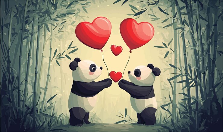 Vector panda love a charming exchange of heart balloons