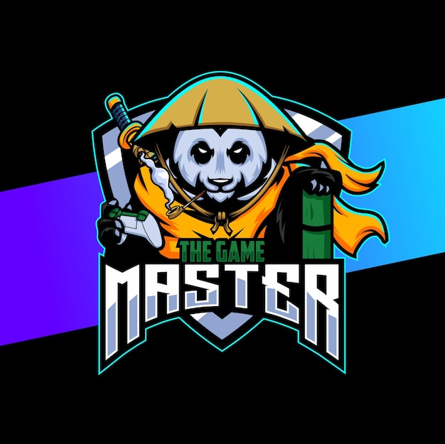 Design del logo esport della mascotte del panda con un personaggio in stile maestro per i giocatori e lo sport