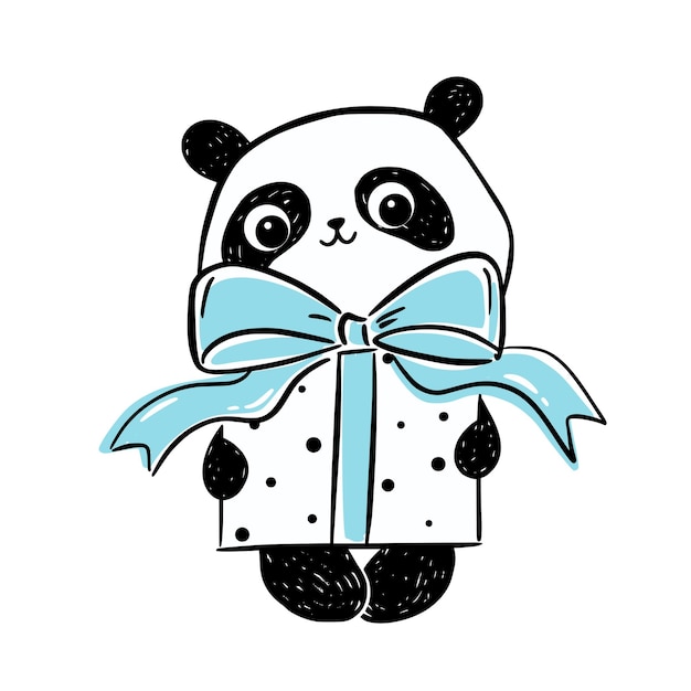 Panda met grote geschenkdoos met blauwe strik. Leuk dierlijk karakter met heden. Vector getextureerde illustratie