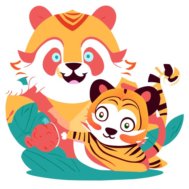 Vector panda palying with tiger vector illustration