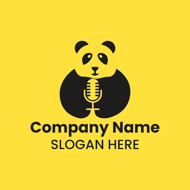 Panda Podcast Logo Негативный векторный шаблон концепции пространства. Панда держит символ микрофона