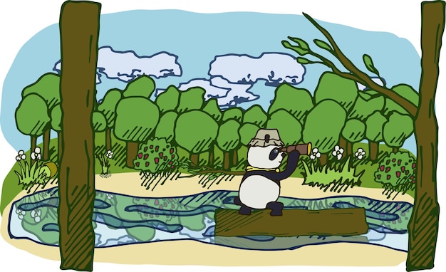 Panda raften op een boomstam op de rivier in het bos