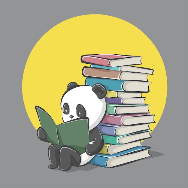 Panda reading book and sit leaning against the pile of books