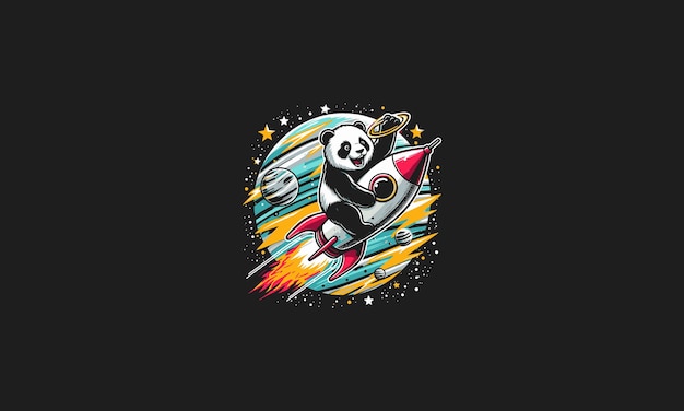 panda riding rocket on galaxy vector artwork design