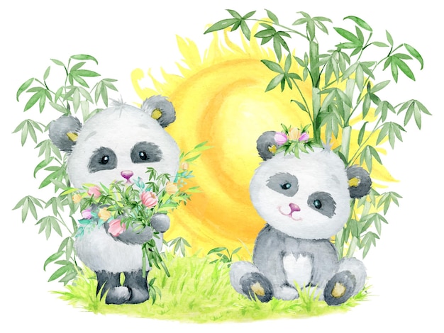 Panda's op een achtergrond van zon en bamboebomen Aquarel begroetingsconcert