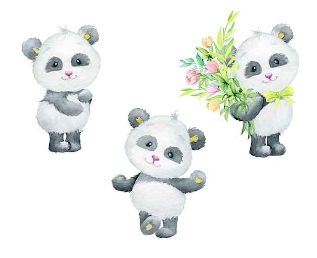 Panda's op een geïsoleerde achtergrond Schattige panda's die staan te dansen met een boeket bloemen Aquarel set