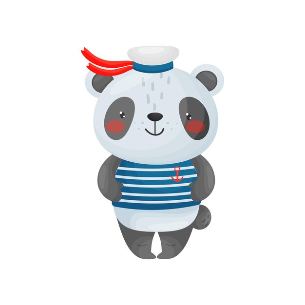 Vector panda sailor character in a cartoon style in a blue white vest badge and peakless cap