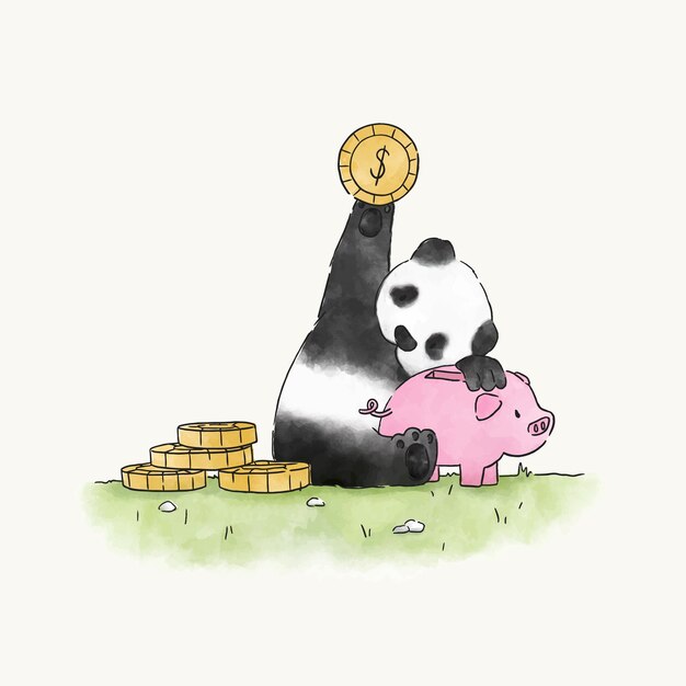 Panda saving money in a piggy bank