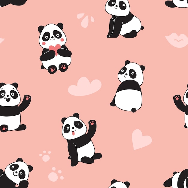 Vector panda seamless pattern happy cute flying panda bears adorable chinese wild zoo animals colorful childrens cartoon vector texture illustration bear and panda pattern background animal