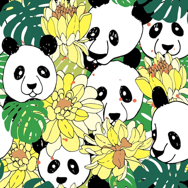 Vettore panda senza cuciture in stile schizzo illustrazione del panda del disegno a mano con vettore di fiori lussureggianti