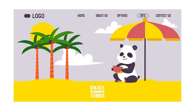 Panda sitting on beach under sun umbrella. Landing page web template