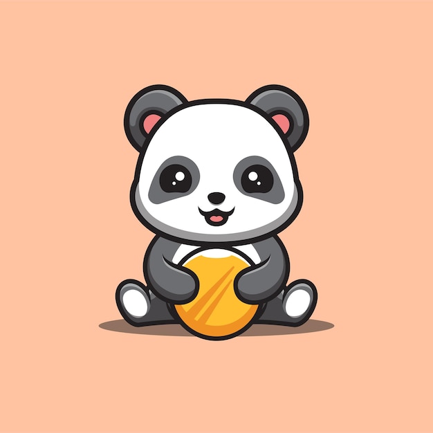 Panda sitting gold coin cute creative kawaii cartoon mascot logo