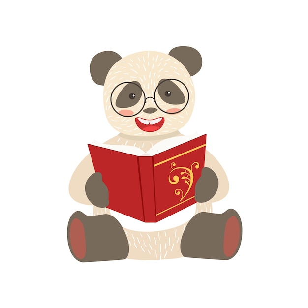 Panda sorridente personaggio dello zoo del topo di biblioteca con gli occhiali e la lettura di un libro fumetto illustrazione parte degli animali nella raccolta della biblioteca