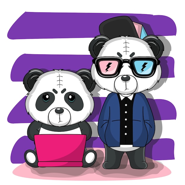 Vector panda speelt laptop met zijn collega