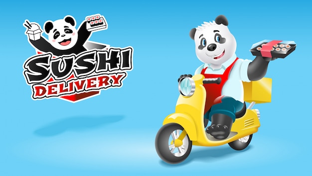 Vettore consegna di sushi panda su scooter