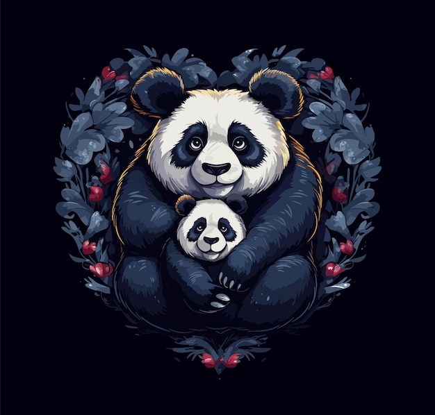 A panda with a baby on his chest sits in a circle of flowers.